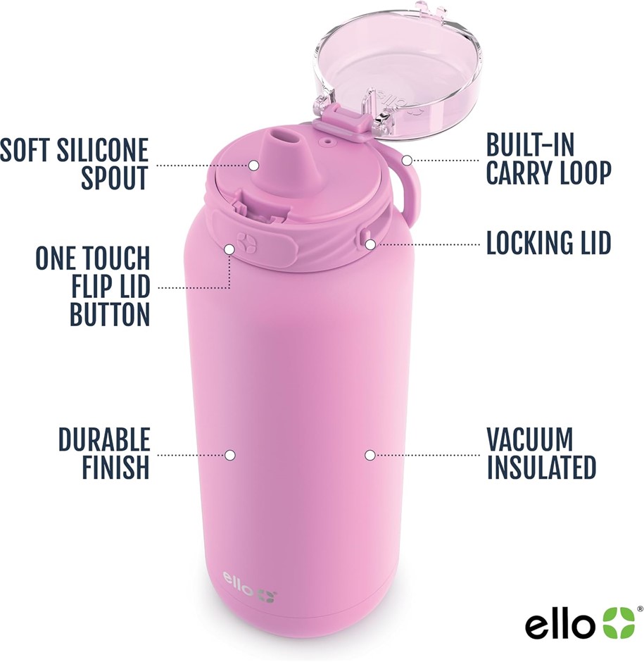 Ello Cooper 32oz Stainless Steel Water Bottle with Straw and Carry Handle,