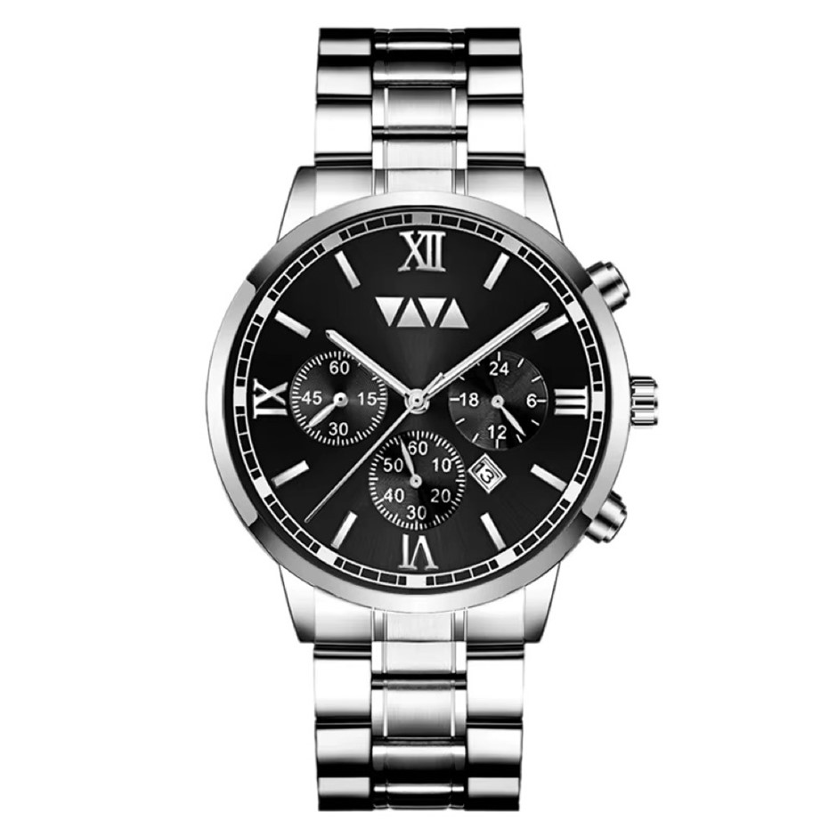 Men's Fashion Calendar Luxury Stainless Steel Watch - Silver/Black