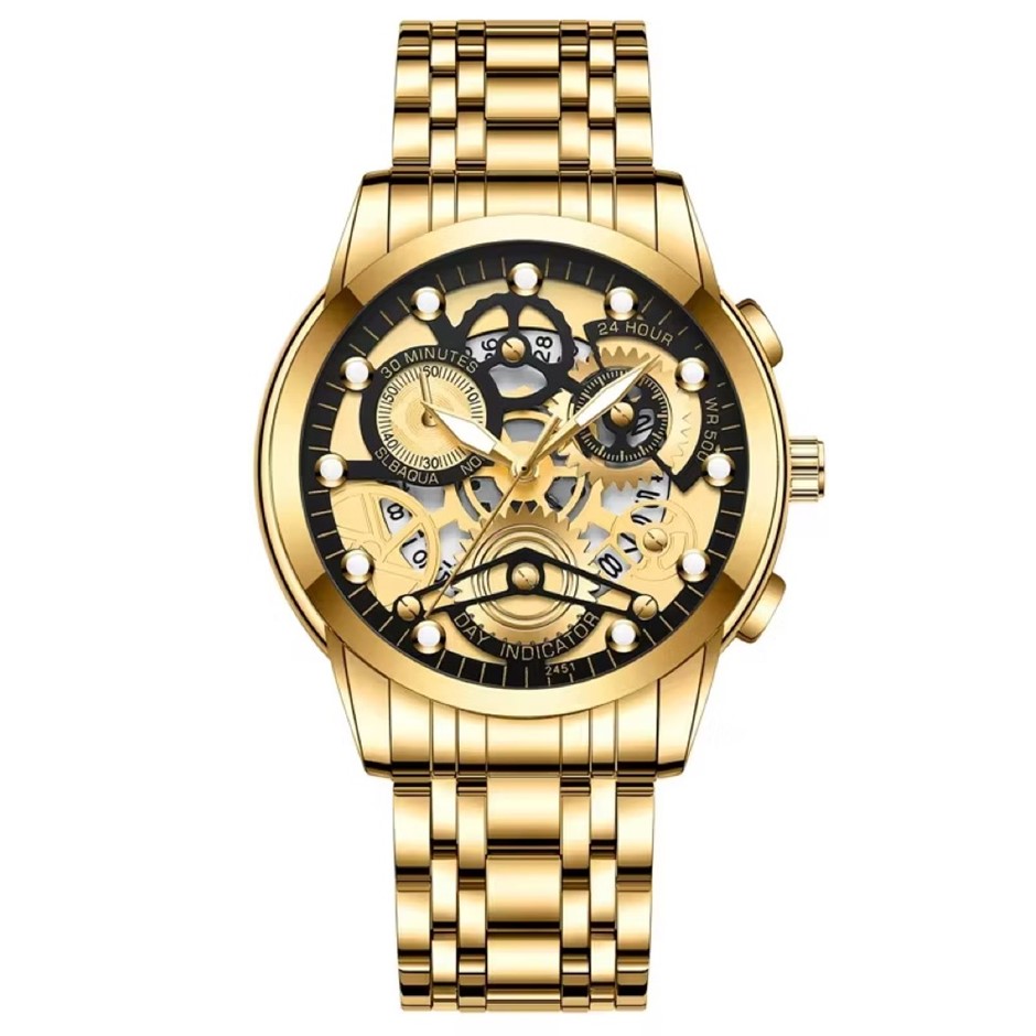 Men's Quartz Watch, Skeleton Design & Mechanical Style, Gold/Black