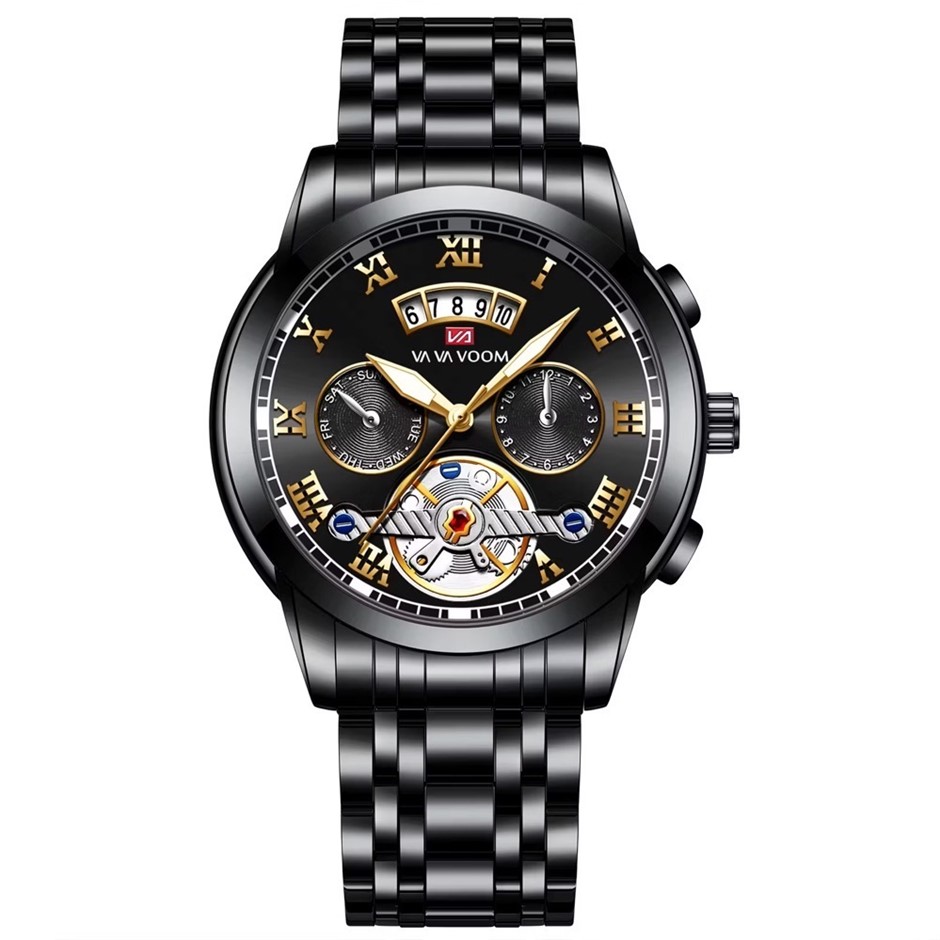 Tourbillon Glow in the Dark Sports Men's Watch, Black/Gold