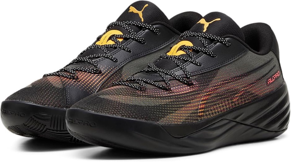 PUMA Men's All-Pro Nitro Fire Glow Sneaker, Black/Sun Stream/Sunset Glow, U