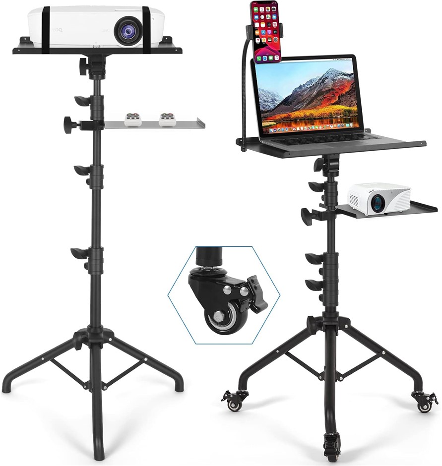 Tossbiss Projector Tripod Stand with 2 Shelves, Laptop Tripod on Wheels, Po