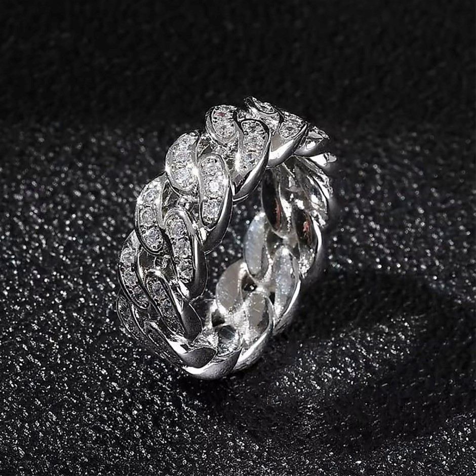 18K White Gold-Filled Cuban Style Link Ring with AAA Cubic Zirconias-SIze8