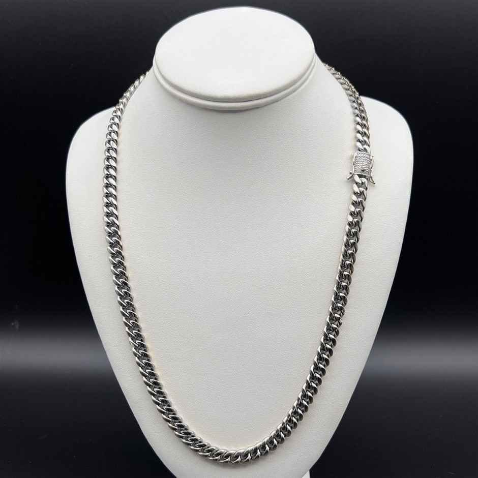 Silver-Filled Cuban Necklace with AAA Cubic Zirconias Clasp, 8MM - 55.8cm