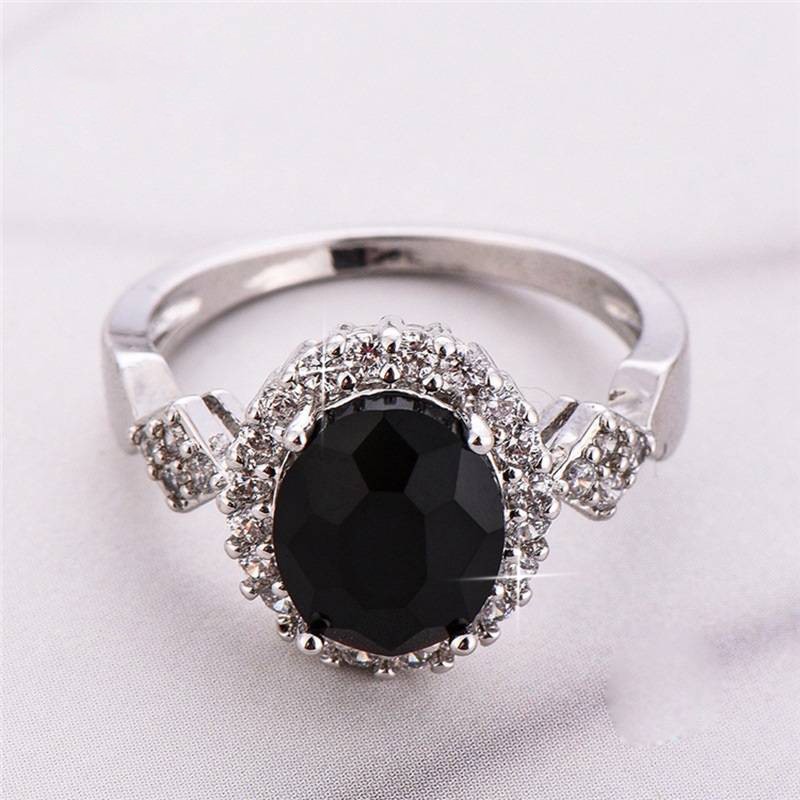 Designer Simulated Diamond Black Statement Oval Ring in Silver - US Size 7