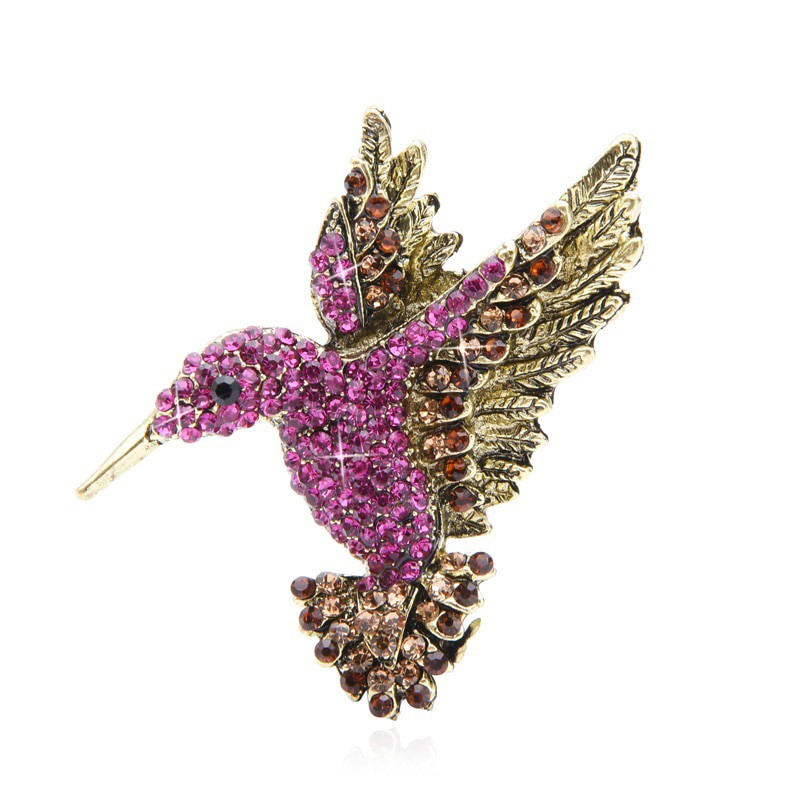 Designer Simulated Diamond Pink & Brown Hummingbird Brooch Pin