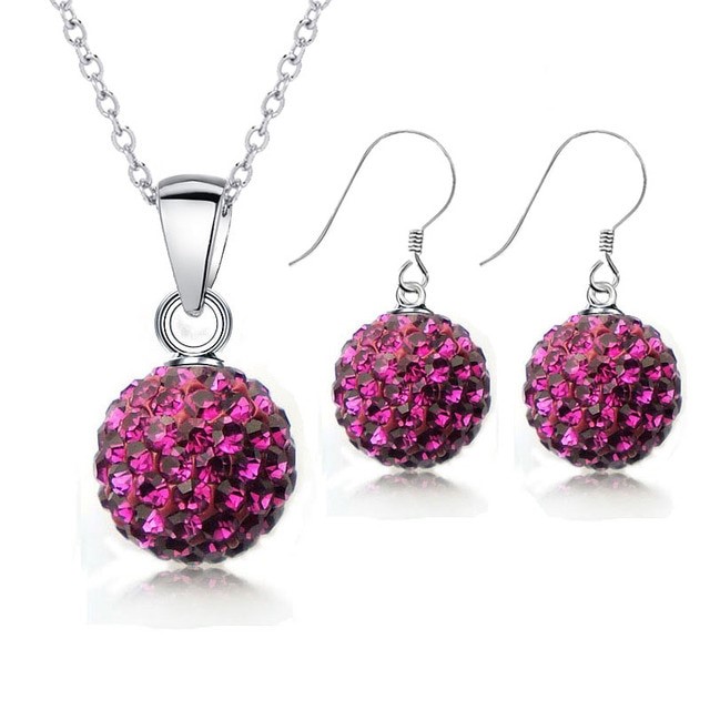 925 Sterling Silver Fuchsia Crystal Disco Ball Earring & Necklace Set
