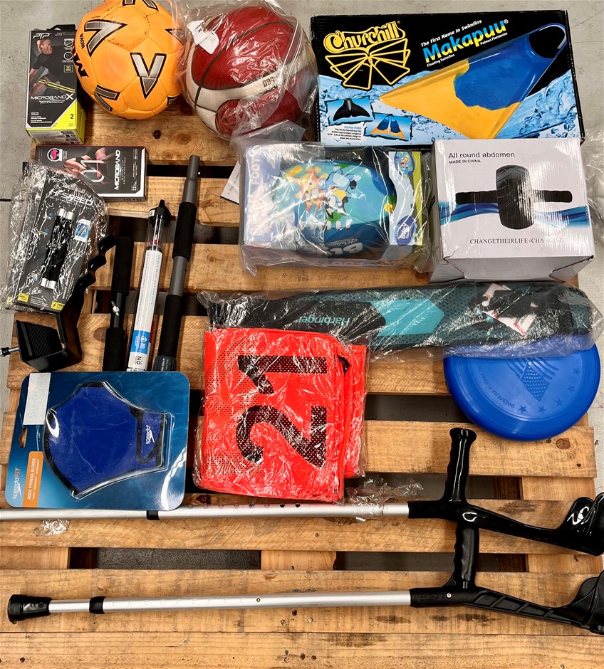 Assorted Sports Products Including Netball Vests, Crutches, Balls & More. N