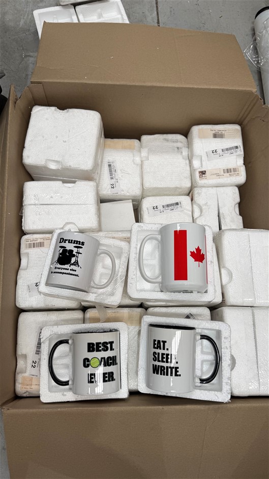 Assorted Box of Bottles and Coffee Mugs with prints. NB: Some bottles may b