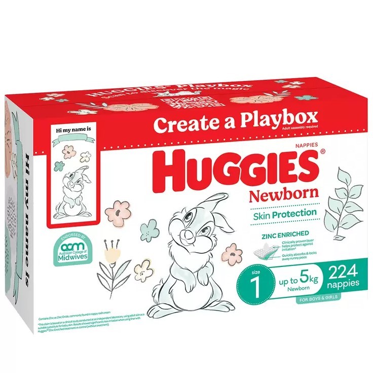 HUGGIES Box of 224pc Skin Protect Zinc-Enriched Newborn Unisex Nappies Size