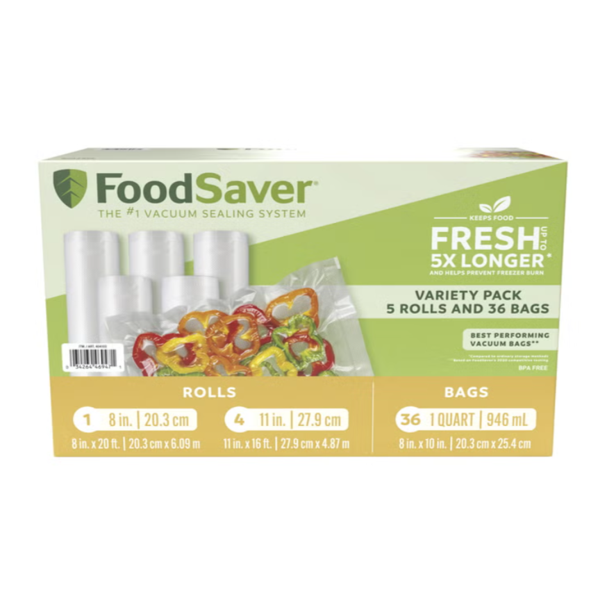 FOODSAVER Vacuum Sealing Roll & Bag Combo Pack. N.B: Approx. 5 x bags are m