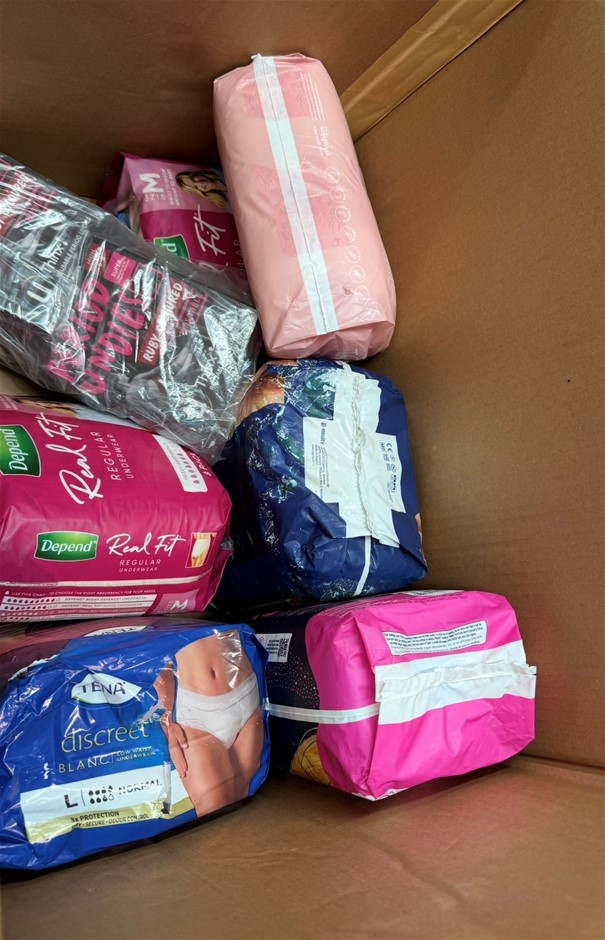 Assorted Box of Feminine Hygiene Products. NB: Slightly damaged packaging.