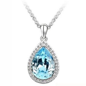 Diamond Large Statement Ocean Blue Teardrop Pendant Necklace in Silver