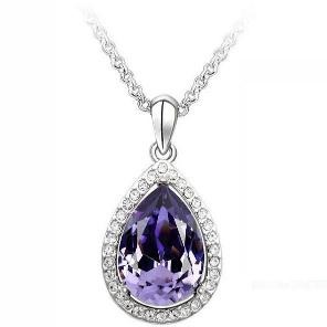Diamond Large Statement Purple Teardrop Pendant Necklace in Silver