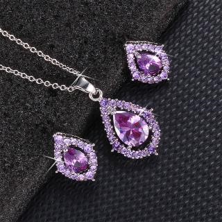 Stunning Purple Diamond Shaped Necklace & Earring Set in Silver