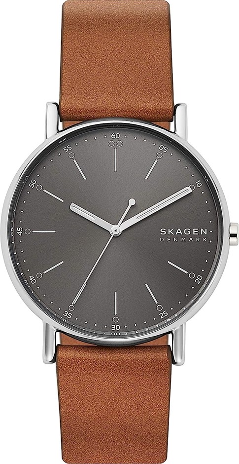 SKAGEN Men's 40mm Signature Minimalist Watch, Grey Dial, Brown Leather Band