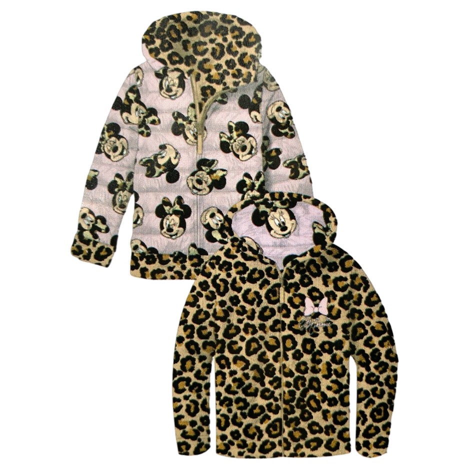 DISNEY Kids' Reversible Puffer/Sherpa Jacket, Size 4T, Minnie Mouse (Leopar