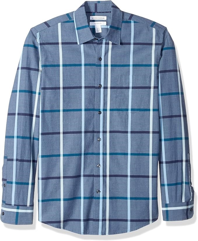 AMAZON ESSENTIALS Men's Slim-Fit LS Poplin Shirt, Size M, Denim Large Plaid