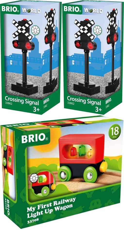 3 x BRIO: 2 x Crossing Sign and 1 x Railway Light Up Wagon