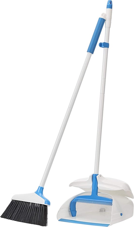 AMAZON BASICS Broom With Handled Dustpan, Colour: Blue and White. NB: no pa