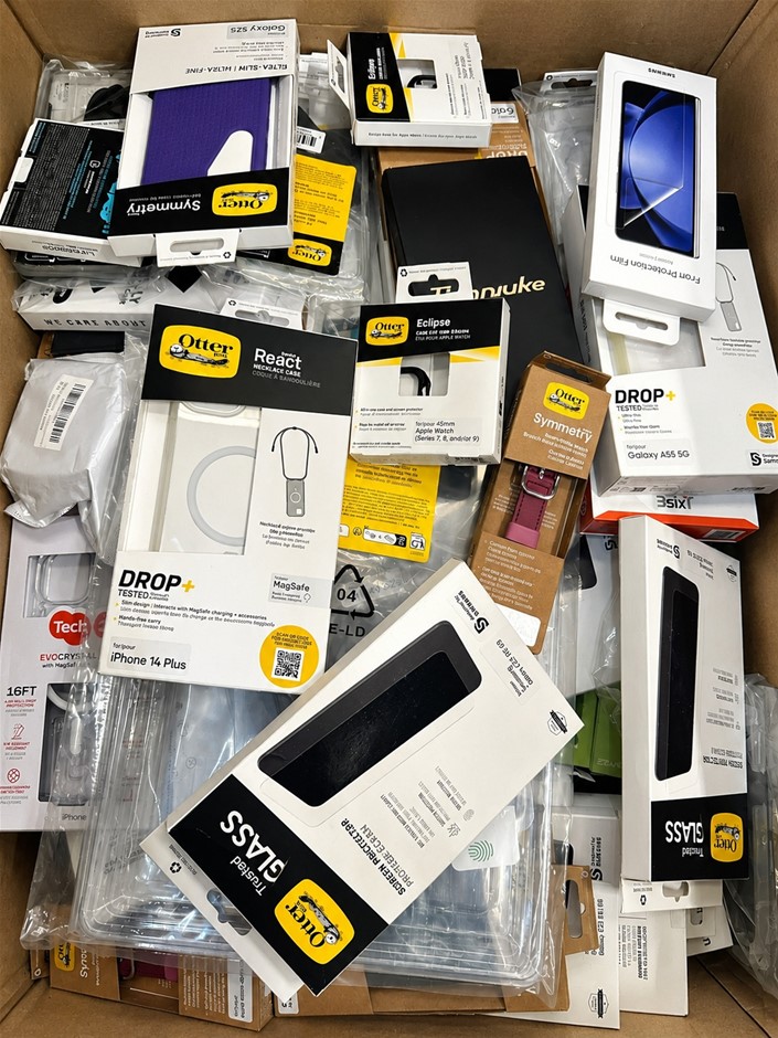 Box of Phone & Tech Accessories: OTTERBOX, SAMSUNG, TECH21 - Cases, Screen
