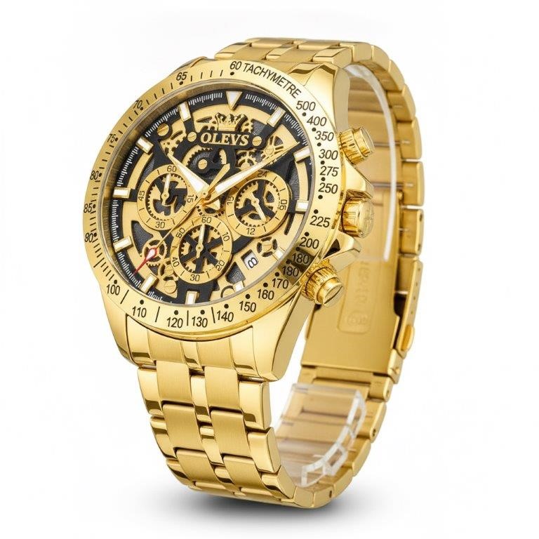 Luxury OLEVS Skeleton Gold-Tone Men's Watch Premium Gift Presentation Box