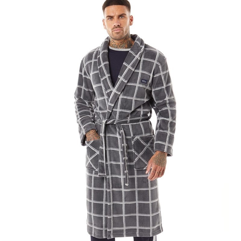 BEN SHERMAN Men's Wilder Fleece Robe, Small, Charcoal/Ivory Check, BSN5/320