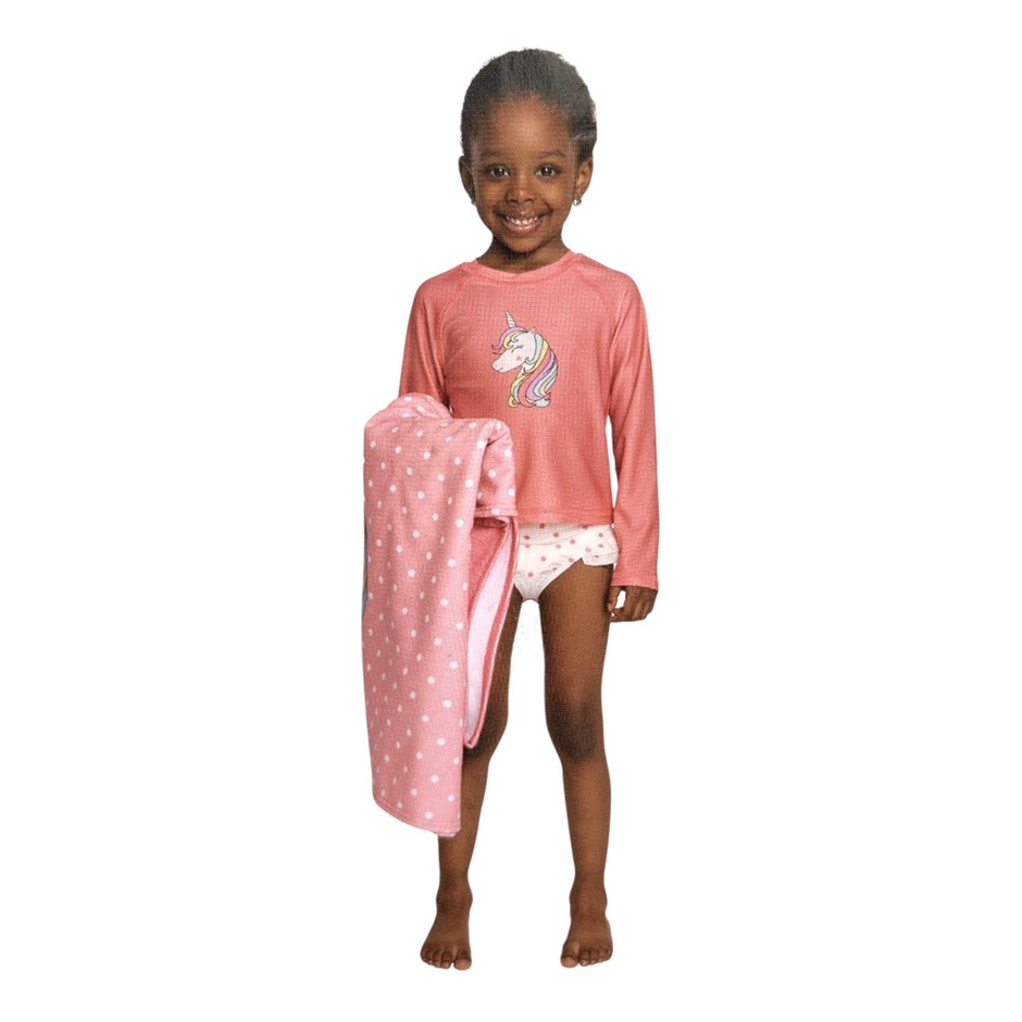 PEKKLE Kids' 2pc Set, Size 6, Pink Unicorn, Incl: Brief & Hooded Towel. NB: