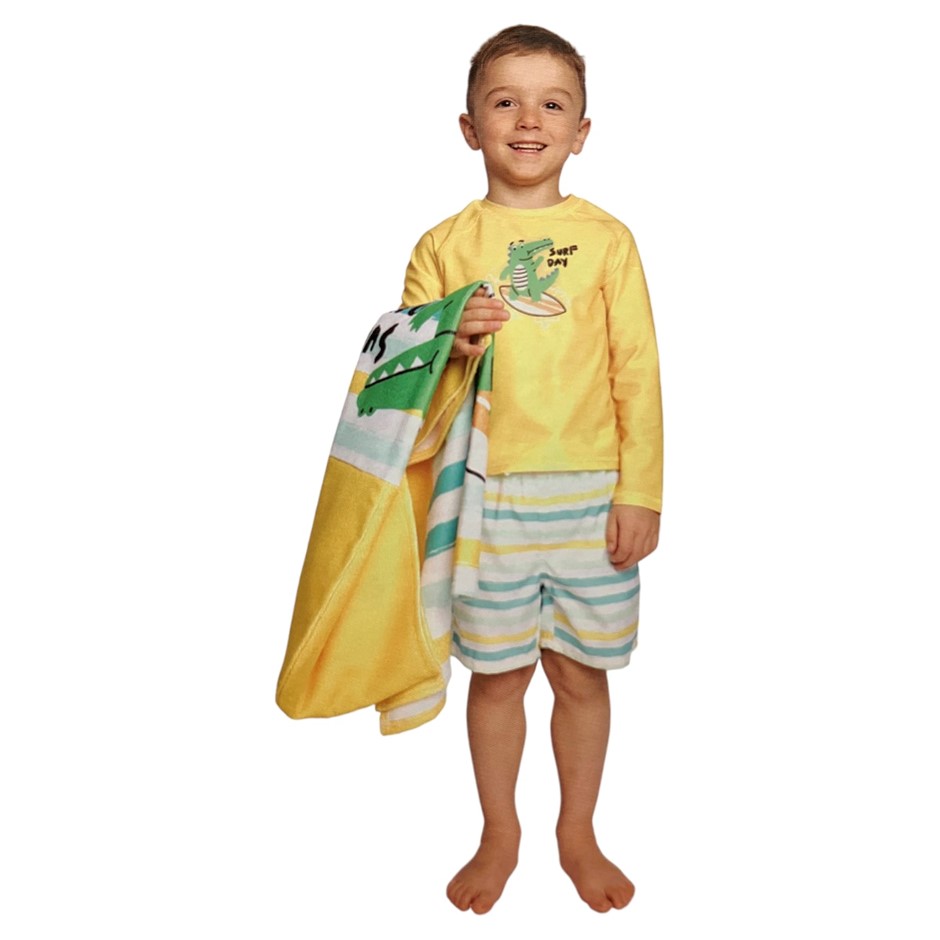 PEKKLE Kids' 2pc Set, Size 6, Yellow Croc, Incl: Brief & Hooded Towel. NB: