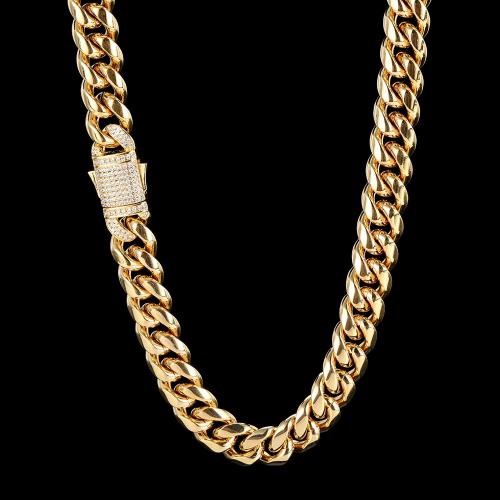 18K Gold-Filled Cuban Chain Necklace with AAA Cubic Zirconias - 12MM-60.9cm