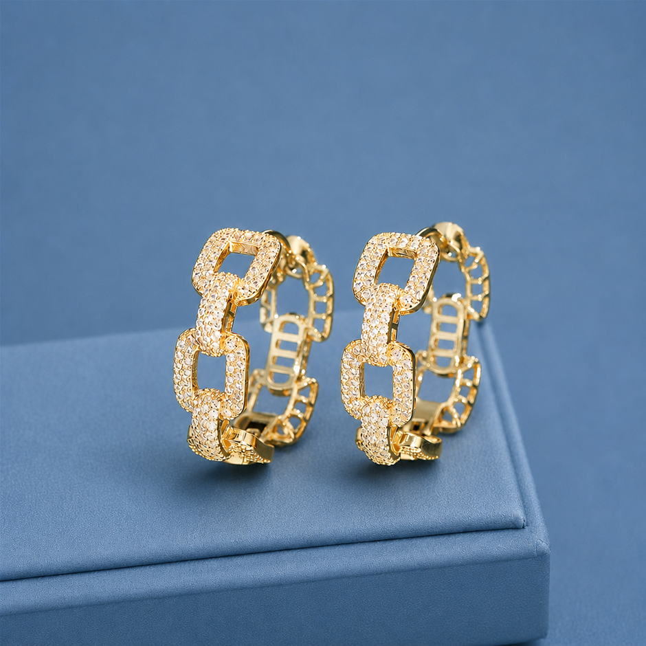 18K Gold Plated AAA+ Cubic Zirconia Cuban Chain Link Hoop Earrings