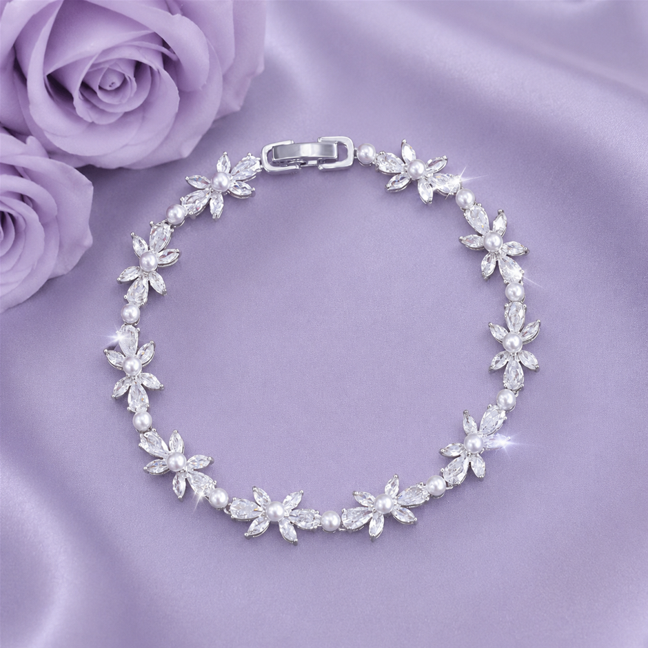 Graceful Faux Pearl and Flower AAA+ Cubic Zirconia Bracelet