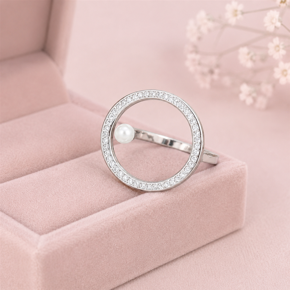 AAA+ Cubic Zirconia and Faux Pearl Geometric Style Ring