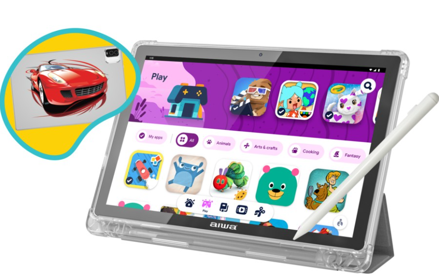 AIWA 10.1'' WiFi Tablet with Stylus Pen & Foldable Case - Silver Car