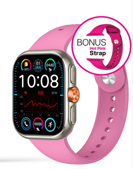AIWA Smart Tech Duo - 2-inch Smartwatch with Pink Straps. NB: minor use