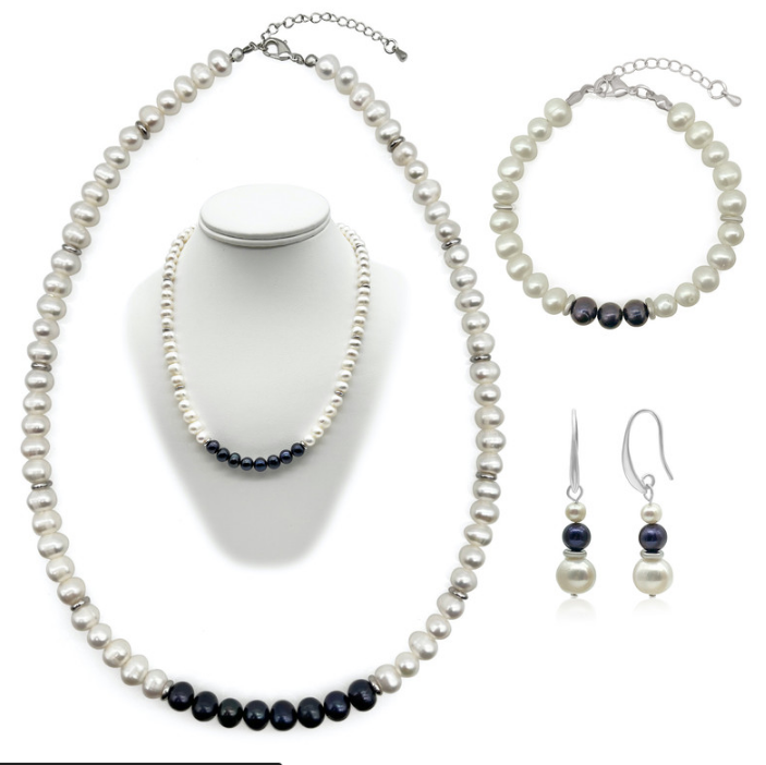Luxury 7-8mm White & Black Pearl Real Platinum Plated Jewellery Set