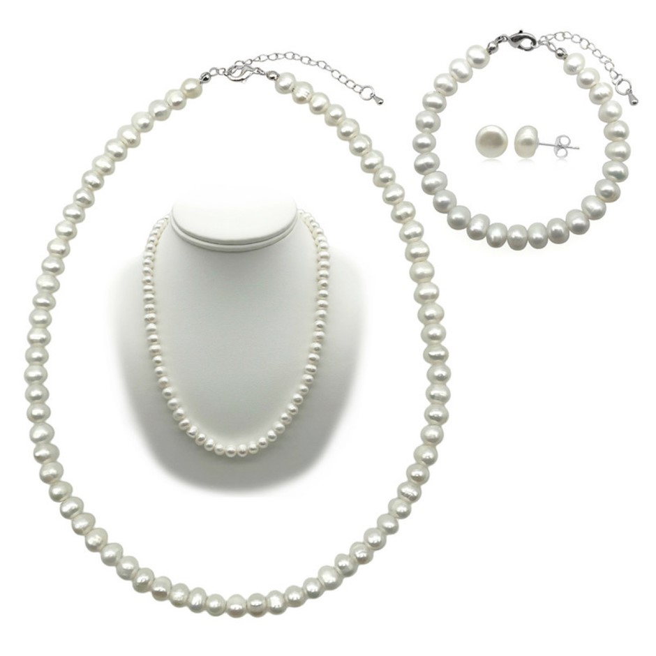 7-8mm Potato Shape Pearl Real Platinum Plated Jewellery Set