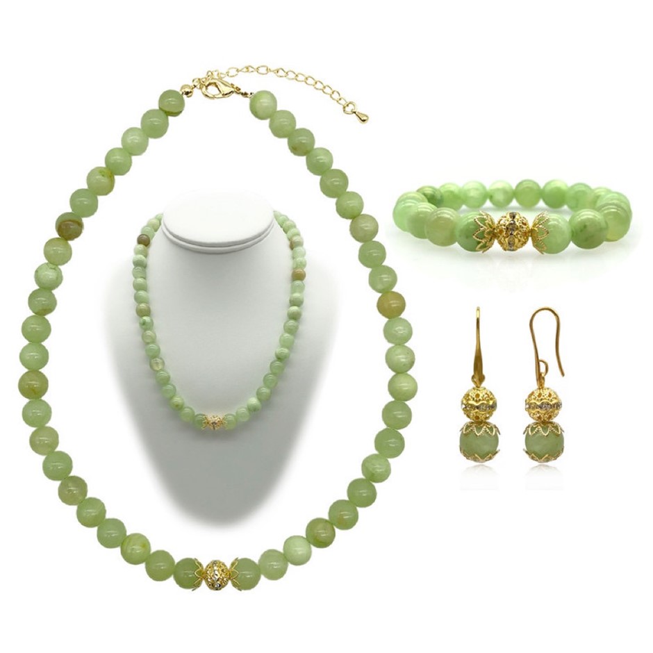 10mm Light Green Flower Jade Persian Love Gold Plated Jewellery Set