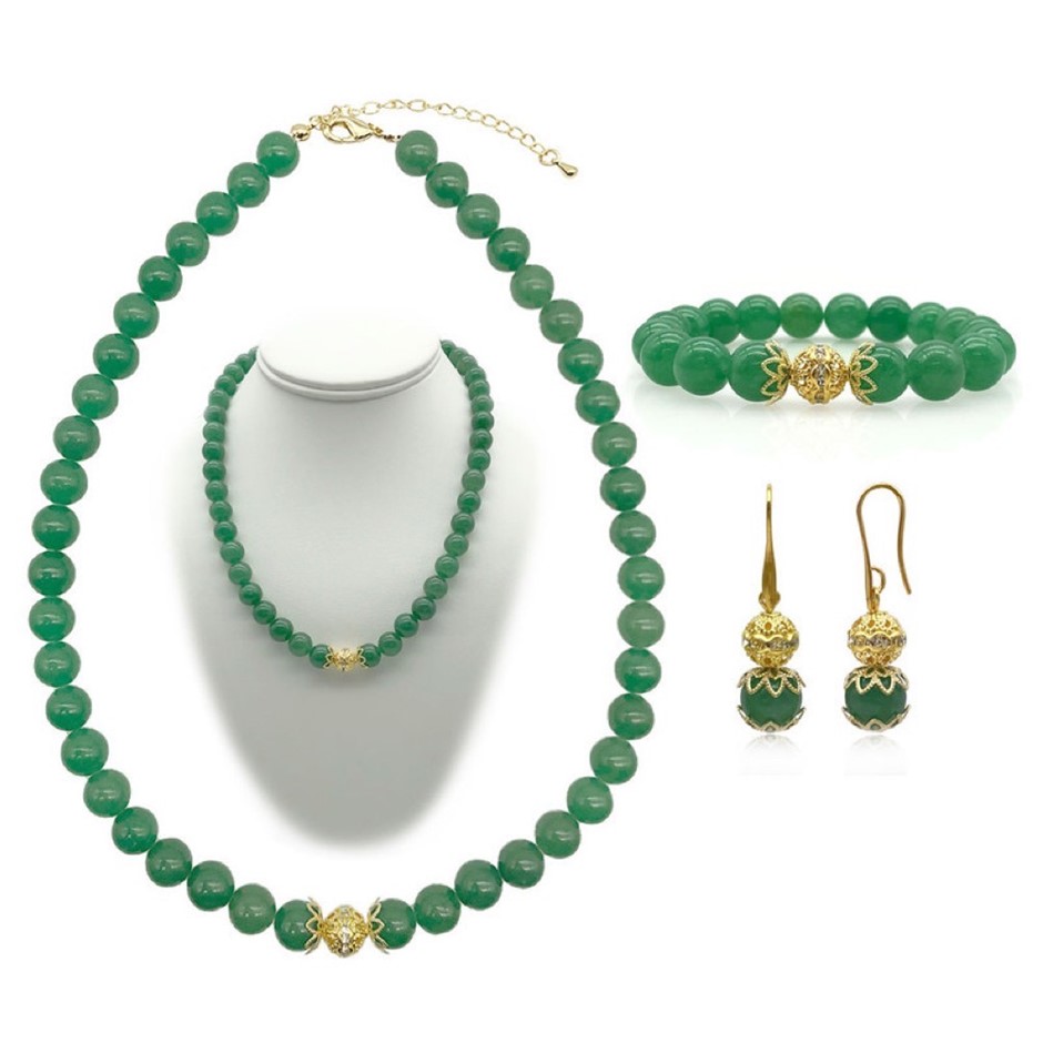 10mm Green Aventurine Persian Love Gold Plated Rhinestone Jewellery Set