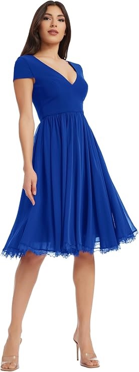 DRESS THE POPULATION Women's Corey Plunging Mix Media Cap Sleeve A-line Mid