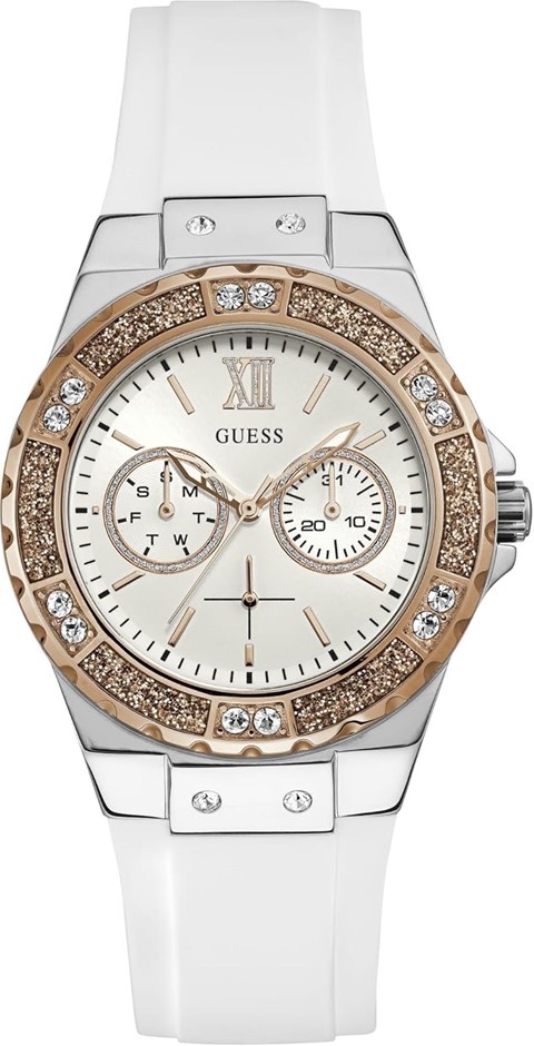 GUESS Women's Stainless Steel + Stain Resistant Silicone Watch, White/Silve