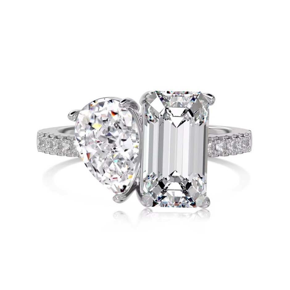925 Sterling Silver Two Stone Pear Shape Zirconia Ring