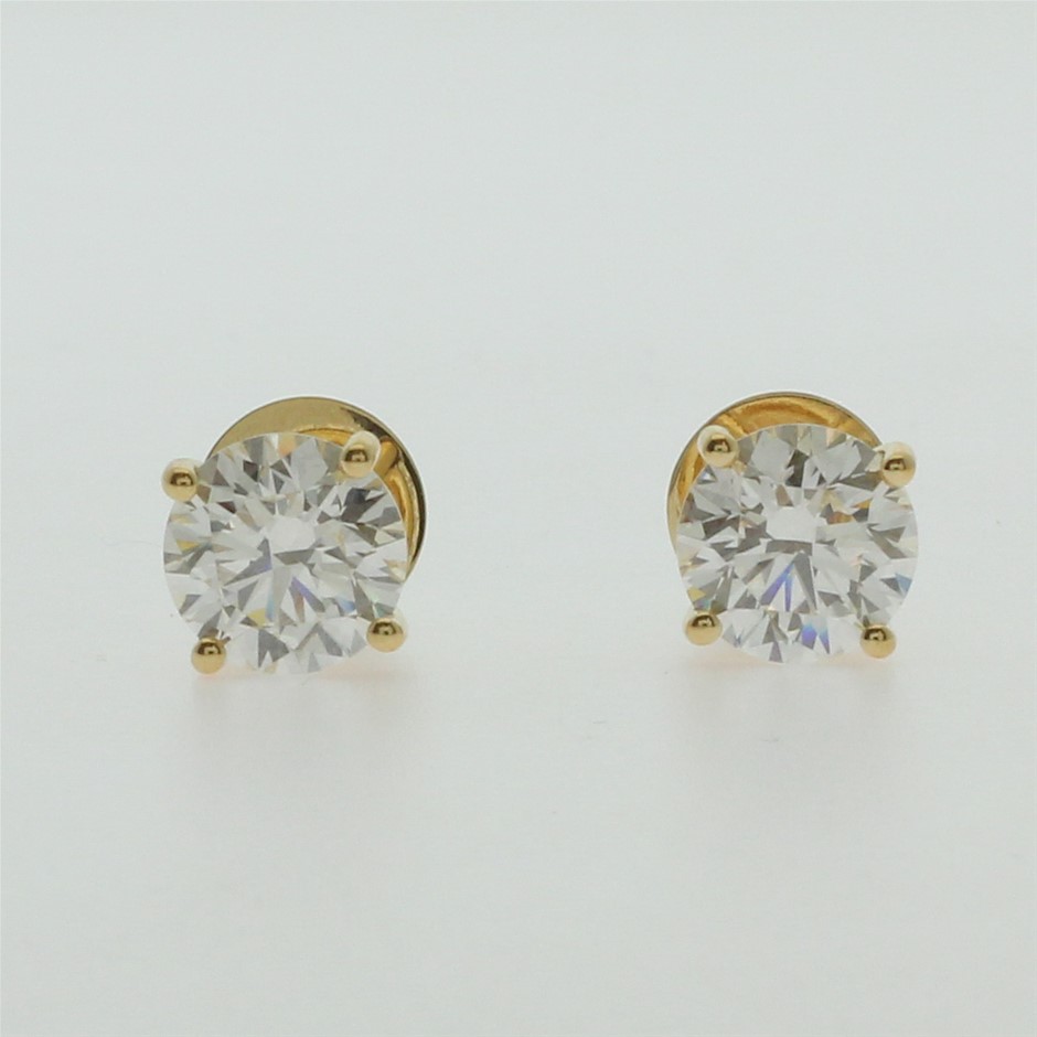2.04 Carat Yellow Gold Diamond Solitaire Earrings 9K IGI Certified
