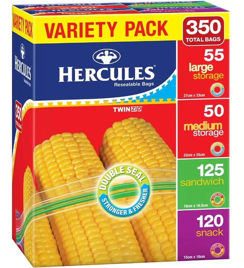 HERCULES Resealable Bags Variety Pack 350pc Carton. NB: Damaged packaging &