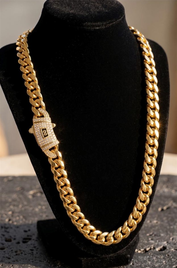14K-Stamped Yellow Gold Bonded Cuban Miami Chain -50cm-10mm-Bonus Gift