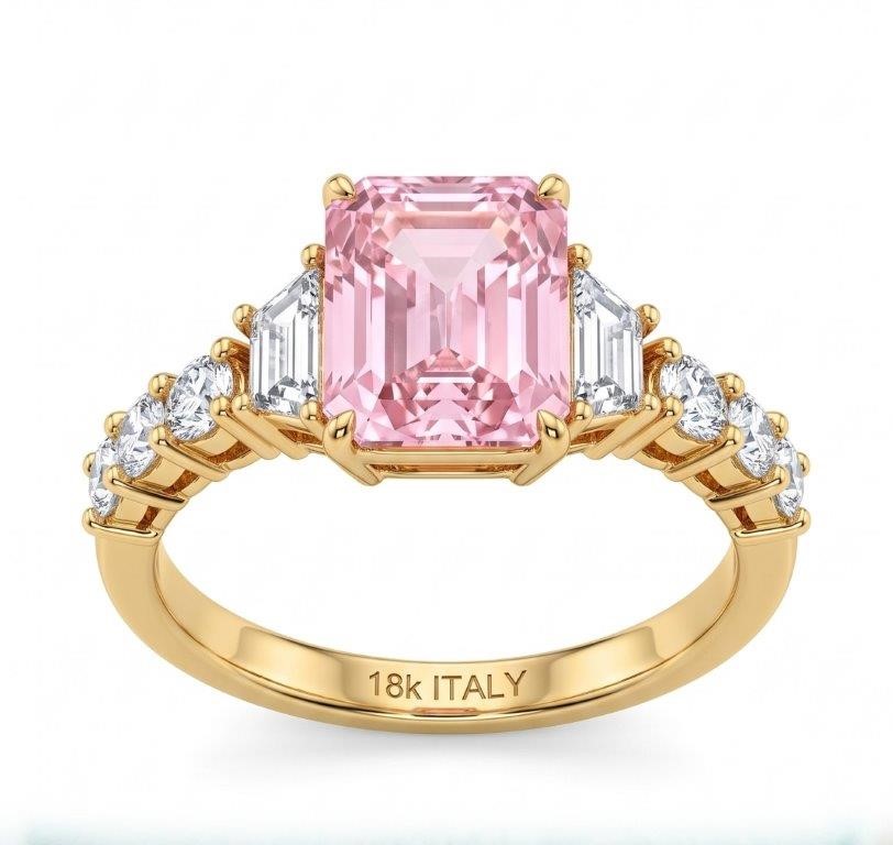 18K/Italy 3.0ctw Pink Emerald Cut Yellow Gold Bonded Ring Quality-8US