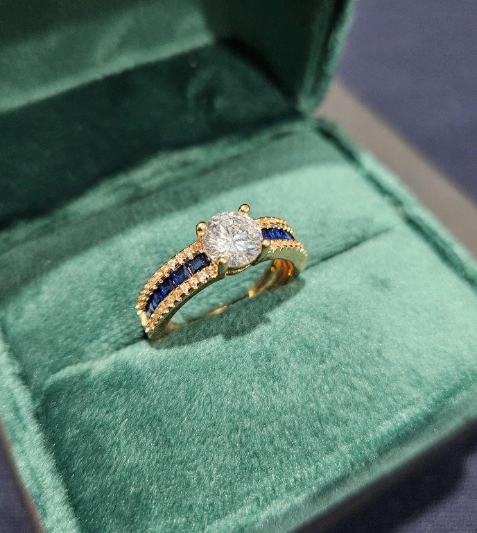 925 Sterling Silver Blue and White Ring  Simulated Diamonds
