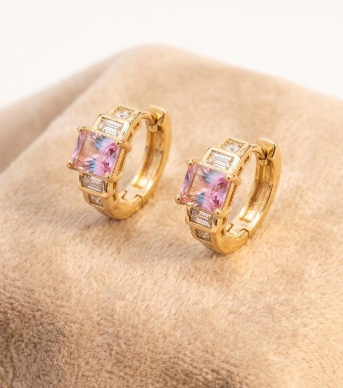 14k/Italy stamps Yellow Gold Filled Earrings ,Pink Emerald Cut Stones