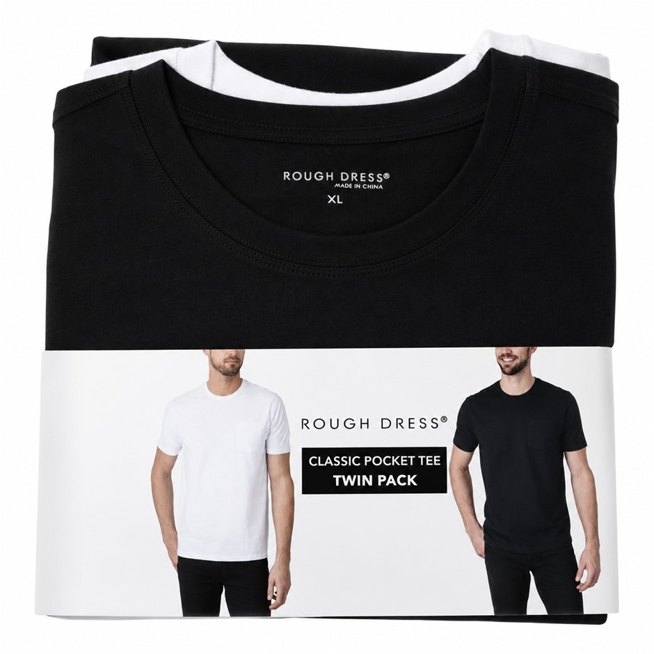 ROUGH DRESS Men's Twin Pack Classic Pocket Tee, Size XL, Cotton, Black & Wh