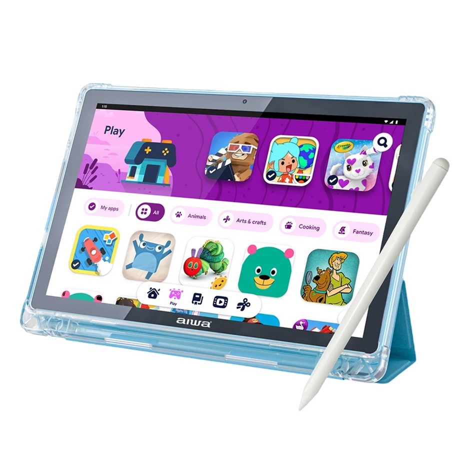 AIWA 10.1" Kids Wifi Tablet with Stylus Pen & Foldable Case, Blue 4GB RAM